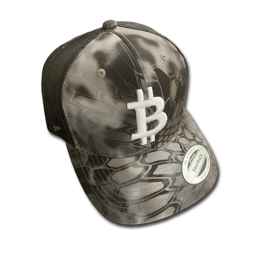 Bitcoin Snapback Trucker Cap Viper - ReptileSnake Pattern with Black Mesh Back and White Bitcoin 3-D Puff Embroidery