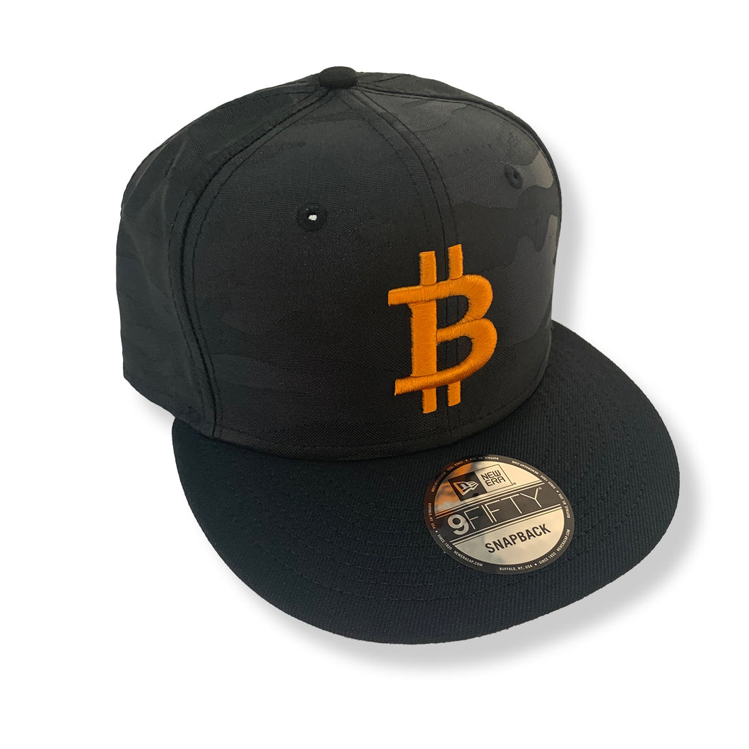 Bitcoin Flat Bill Snapback Black Camo with 3D Puff Embroidery (4 Logo Color Options)