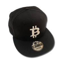 Load image into Gallery viewer, Bitcoin Flat Bill Snapback Solid Black Cap with 3D Puff Embroidery (3 Logo Color Options)

