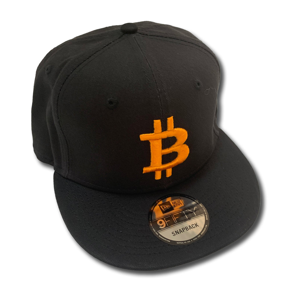 Bitcoin Flat Bill Snapback Solid Black Cap with 3D Puff Embroidery (3 Logo Color Options)