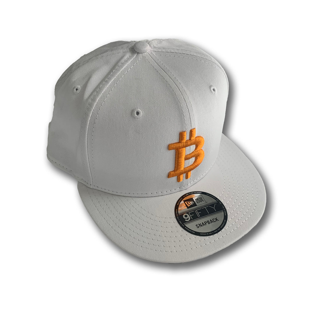 Bitcoin Flat Bill Snapback White with Orange 3D Puff Embroidery