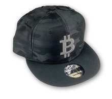 Load image into Gallery viewer, Bitcoin Flat Bill Snapback Black Camo with 3D Puff Embroidery (4 Logo Color Options)
