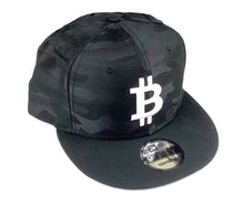 Load image into Gallery viewer, Bitcoin Flat Bill Snapback Black Camo with 3D Puff Embroidery (4 Logo Color Options)
