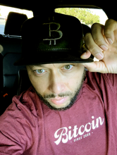 Load image into Gallery viewer, Bitcoin Flat Bill Snapback Solid Black Cap with 3D Puff Embroidery (3 Logo Color Options)

